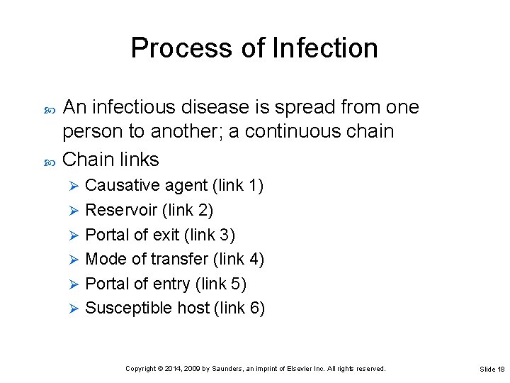 Process of Infection An infectious disease is spread from one person to another; a