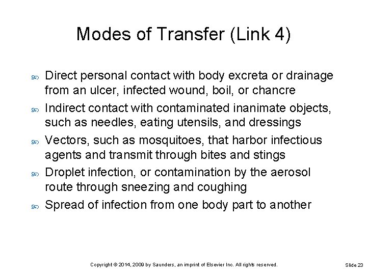 Modes of Transfer (Link 4) Direct personal contact with body excreta or drainage from