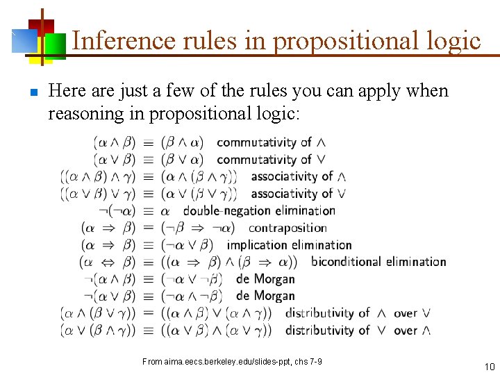 Inference rules in propositional logic n Here are just a few of the rules