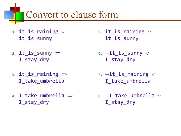 Convert to clause form 1. 2. 3. 4. it_is_raining it_is_sunny I_stay_dry it_is_raining I_take_umbrella I_stay_dry