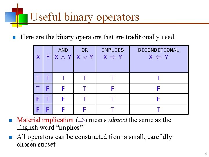 Useful binary operators n n n Here are the binary operators that are traditionally