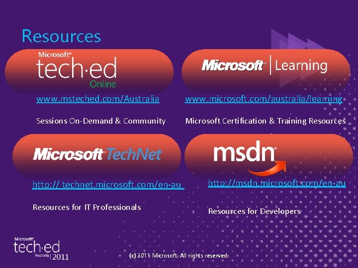 Resources www. msteched. com/Australia www. microsoft. com/australia/learning Sessions On-Demand & Community Microsoft Certification &