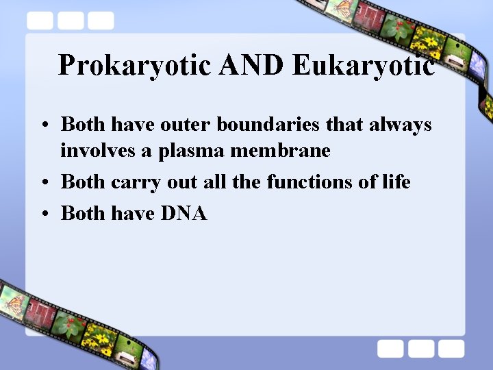 Prokaryotic AND Eukaryotic • Both have outer boundaries that always involves a plasma membrane