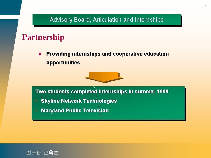 19 Advisory Board, Articulation and Internships Partnership n Providing internships and cooperative education opportunities
