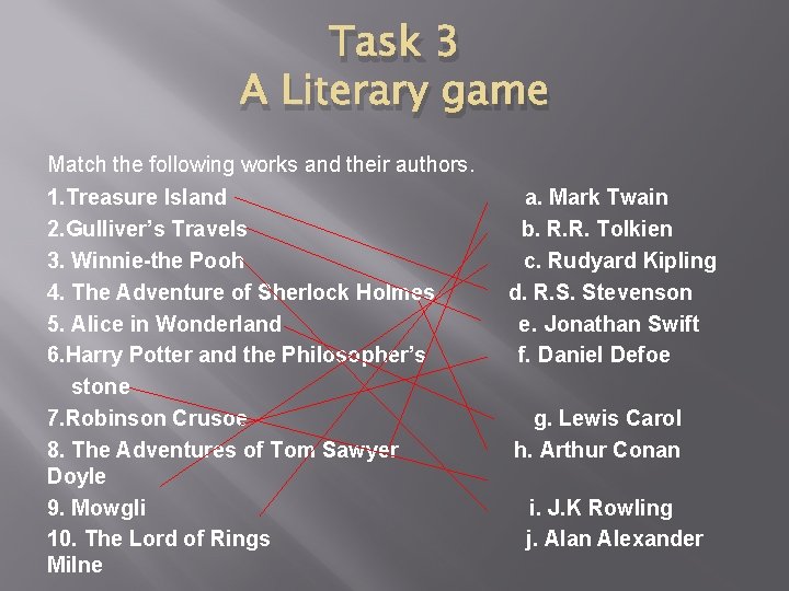 Task 3 A Literary game Match the following works and their authors. 1. Treasure