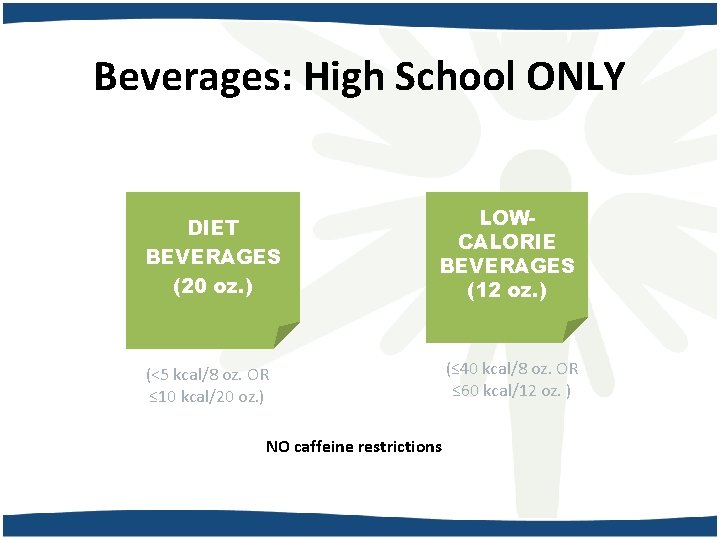 Beverages: High School ONLY DIET BEVERAGES (20 oz. ) LOWCALORIE BEVERAGES (12 oz. )