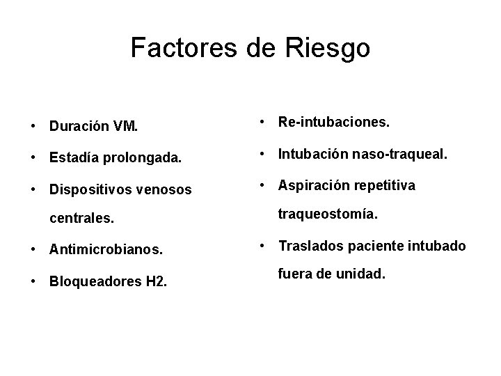 Factores de Riesgo • Duración VM. • Re-intubaciones. • Estadía prolongada. • Intubación naso-traqueal.
