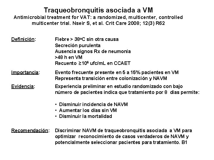 Traqueobronquitis asociada a VM Antimicrobial treatment for VAT: a randomized, multicenter, controlled multicenter trial.