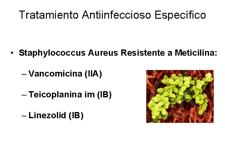 Tratamiento Antiinfeccioso Específico • Staphylococcus Aureus Resistente a Meticilina: – Vancomicina (IIA) – Teicoplanina