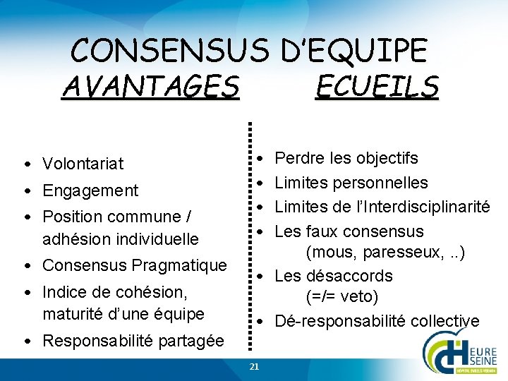 CONSENSUS D’EQUIPE AVANTAGES • Volontariat • Engagement • Position commune / adhésion individuelle •