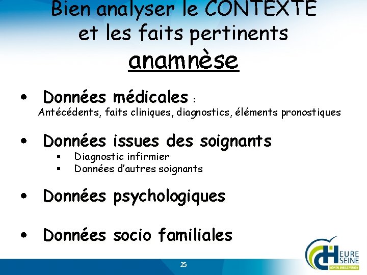 Bien analyser le CONTEXTE et les faits pertinents anamnèse • Données médicales : Antécédents,