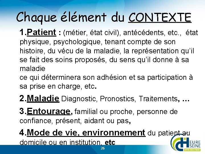 Chaque élément du CONTEXTE 1. Patient : (métier, état civil), antécédents, etc. , état