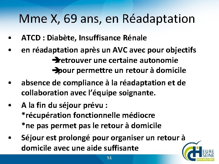 Mme X, 69 ans, en Réadaptation • • • ATCD : Diabète, Insuffisance Rénale