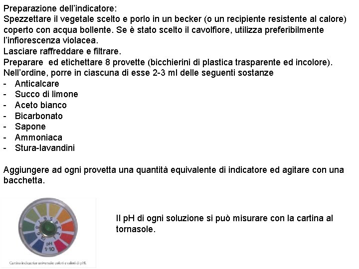 Preparazione dell’indicatore: Spezzettare il vegetale scelto e porlo in un becker (o un recipiente