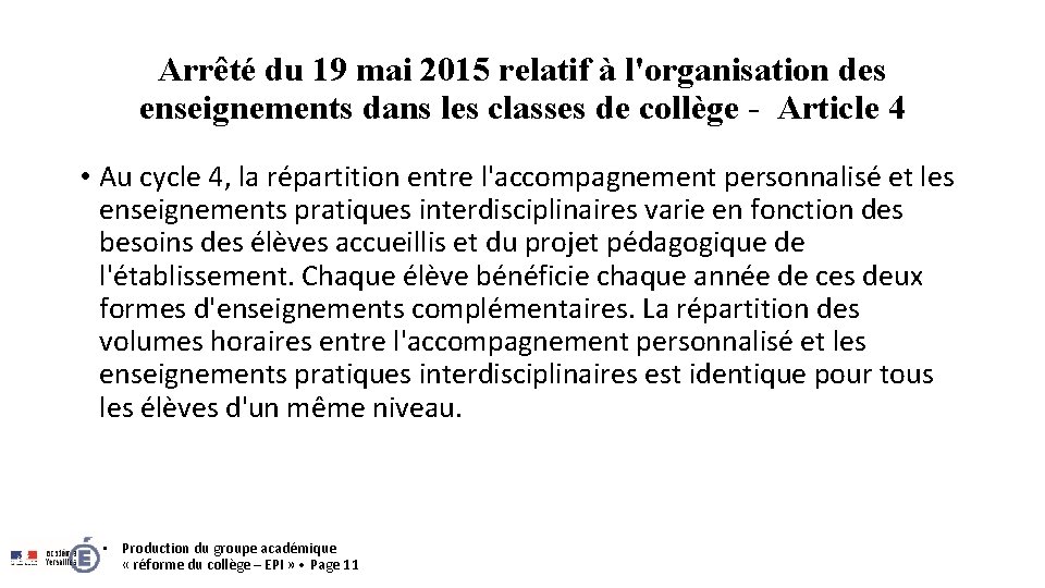 Arrêté du 19 mai 2015 relatif à l'organisation des enseignements dans les classes de