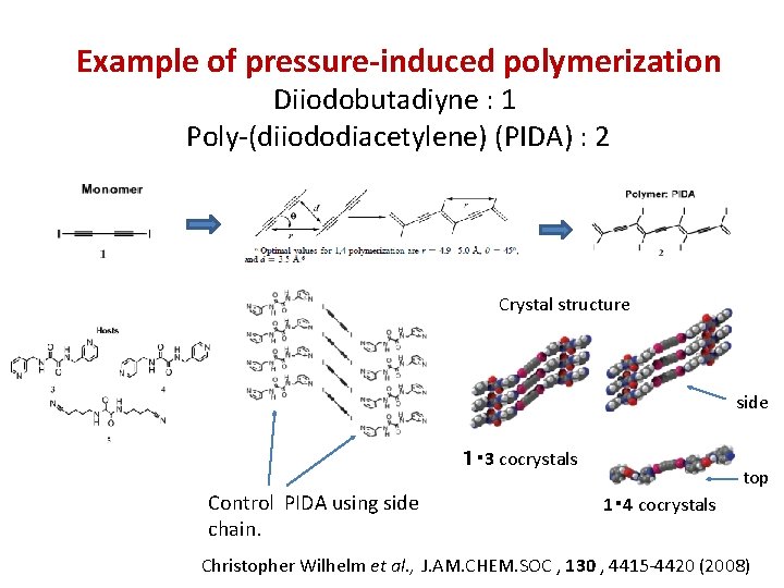 Example of pressure-induced polymerization Diiodobutadiyne : 1 Poly-(diiododiacetylene) (PIDA) : 2 Crystal structure side Example of pressure-induced polymerization Diiodobutadiyne : 1 Poly-(diiododiacetylene) (PIDA) : 2 Crystal structure side