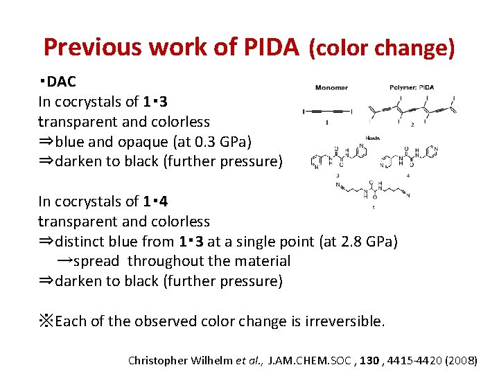 Previous work of PIDA (color change) ・DAC In cocrystals of 1・ 3 transparent and Previous work of PIDA (color change) ・DAC In cocrystals of 1・ 3 transparent and