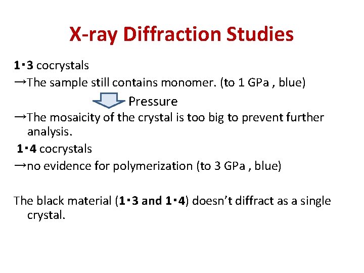 X-ray Diffraction Studies 1・ 3 cocrystals →The sample still contains monomer. (to 1 GPa X-ray Diffraction Studies 1・ 3 cocrystals →The sample still contains monomer. (to 1 GPa