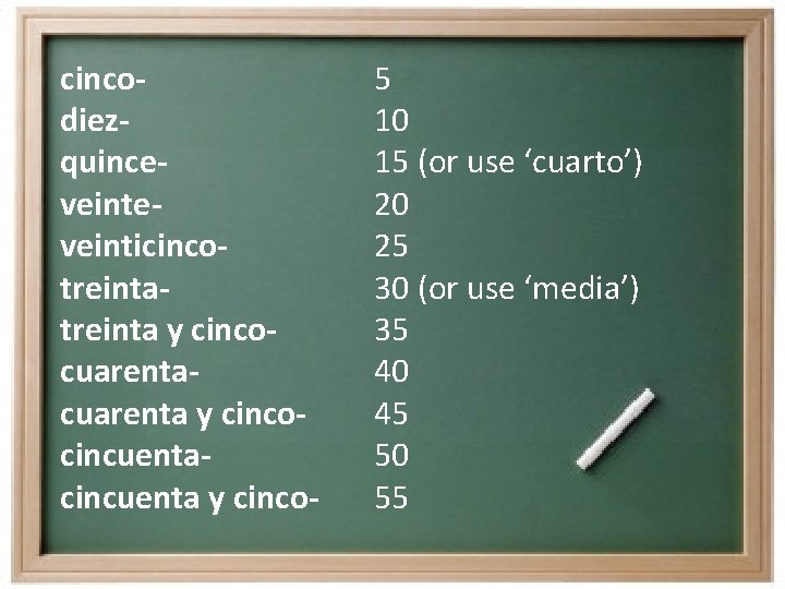 cincodiezquinceveinticincotreinta y cincocuarenta y cincocincuenta y cinco- 5 10 15 (or use ‘cuarto’) 20