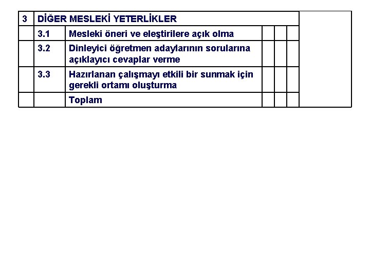 3 DİĞER MESLEKİ YETERLİKLER 3. 1 Mesleki öneri ve eleştirilere açık olma 3. 2