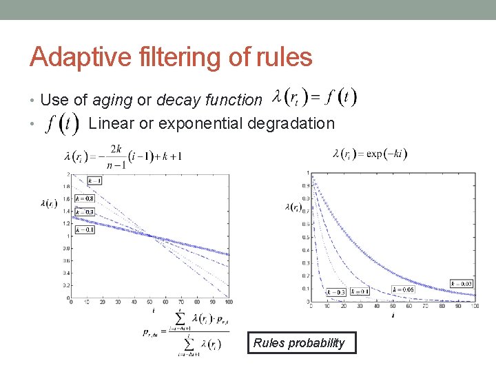 Adaptive filtering of rules • Use of aging or decay function • Linear or