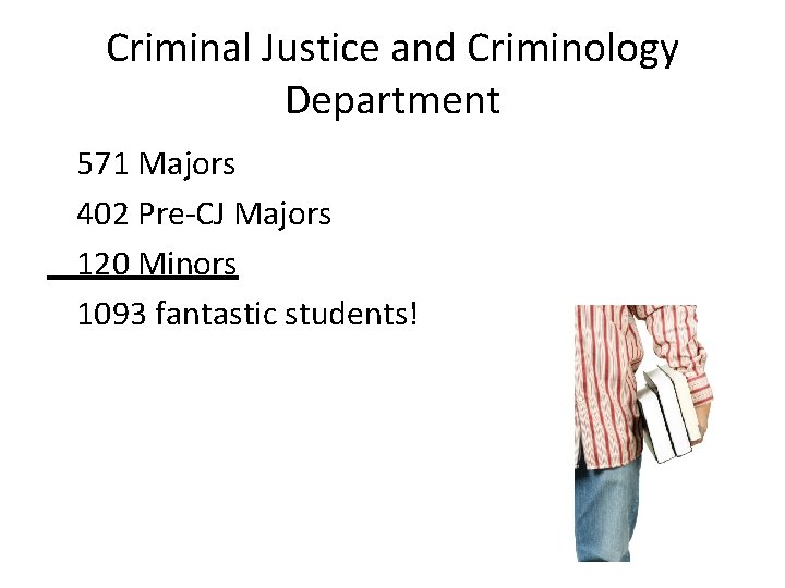 Criminal Justice and Criminology Department 571 Majors 402 Pre-CJ Majors 120 Minors 1093 fantastic