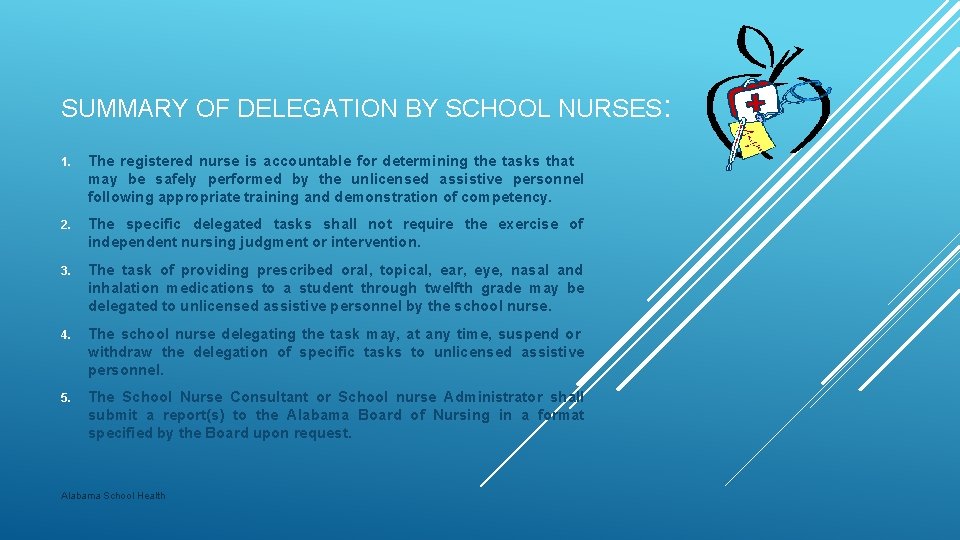 SUMMARY OF DELEGATION BY SCHOOL NURSES: 1. The registered nurse is accountable for determining