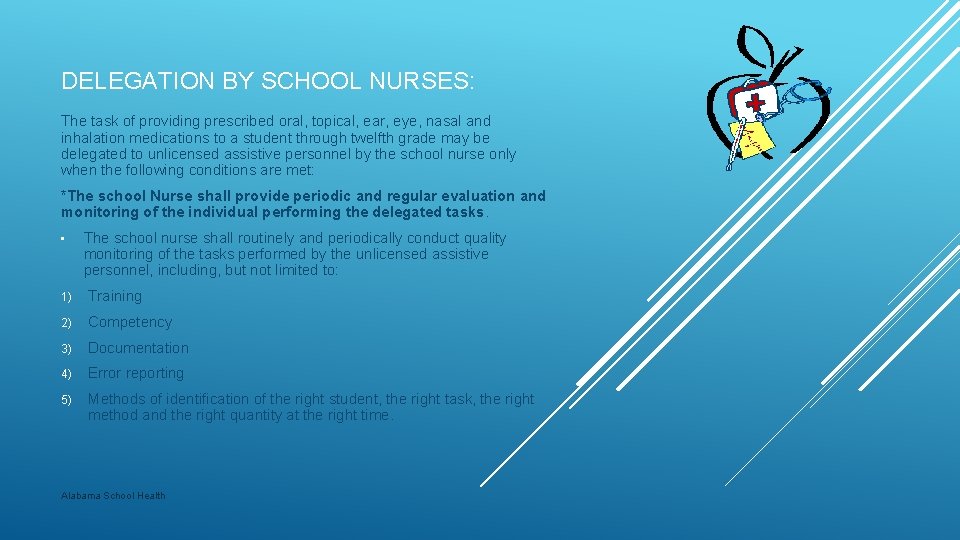 DELEGATION BY SCHOOL NURSES: The task of providing prescribed oral, topical, ear, eye, nasal