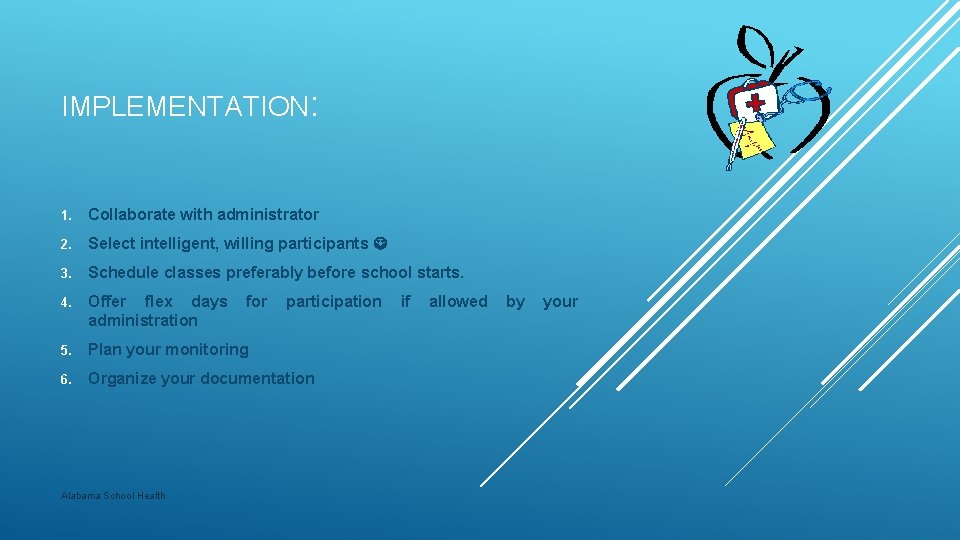 IMPLEMENTATION: 1. Collaborate with administrator 2. Select intelligent, willing participants 3. Schedule classes preferably