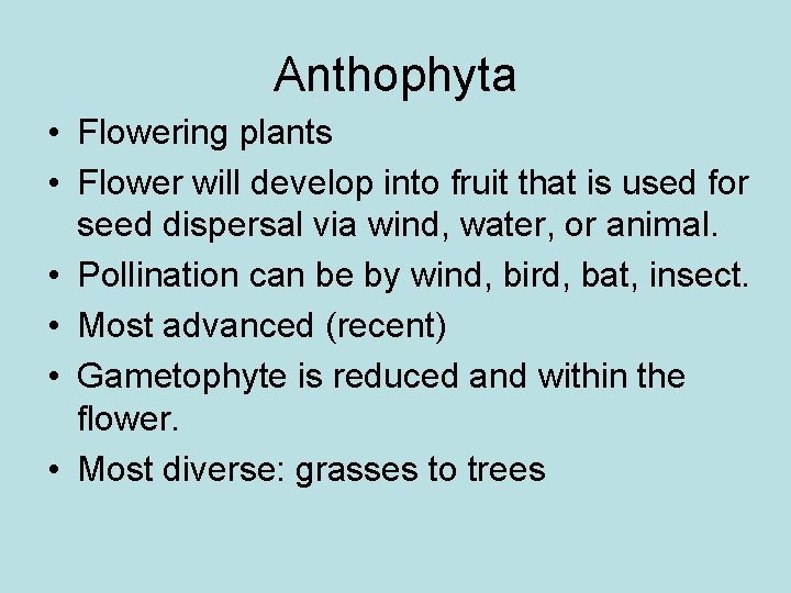 Anthophyta • Flowering plants • Flower will develop into fruit that is used for