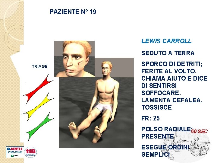 PAZIENTE N° 19 LEWIS CARROLL SEDUTO A TERRA TRIAGE SPORCO DI DETRITI; FERITE AL