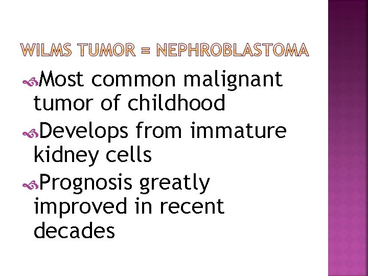  Most common malignant tumor of childhood Develops from immature kidney cells Prognosis greatly