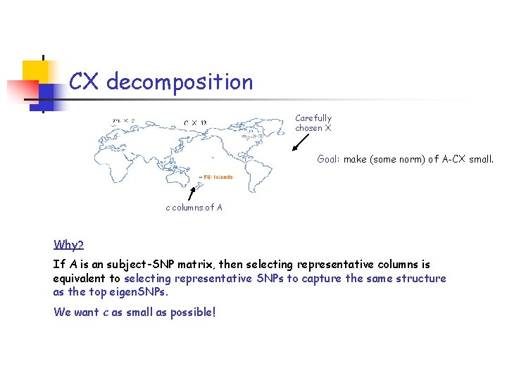 CX decomposition Carefully chosen X Goal: make (some norm) of A-CX small. c columns