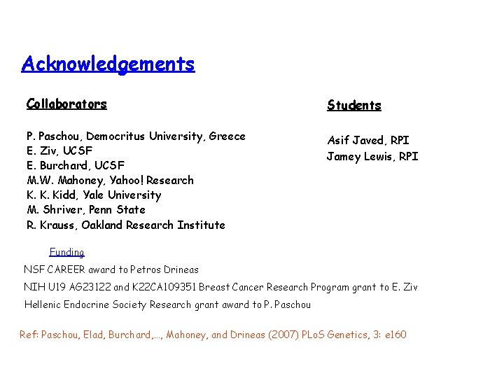 Acknowledgements Collaborators Students P. Paschou, Democritus University, Greece E. Ziv, UCSF E. Burchard, UCSF