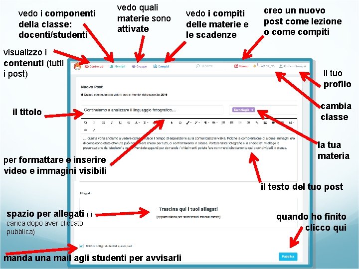 vedo i componenti della classe: docenti/studenti vedo quali materie sono attivate visualizzo i contenuti vedo i componenti della classe: docenti/studenti vedo quali materie sono attivate visualizzo i contenuti
