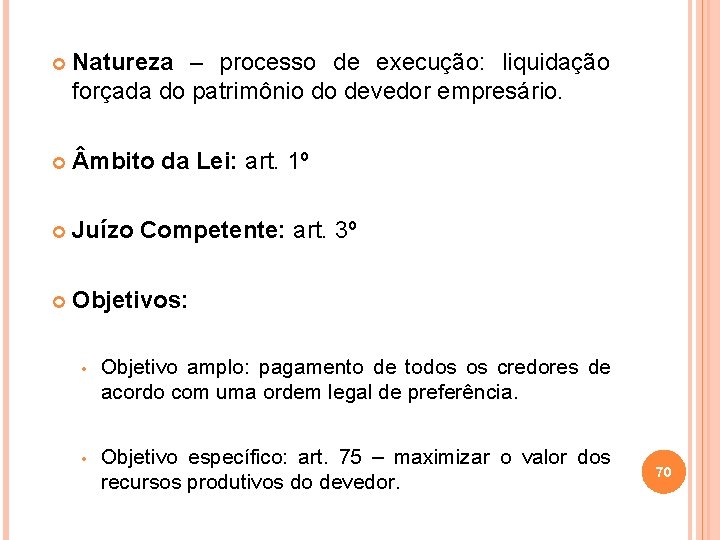  Natureza – processo de execução: liquidação forçada do patrimônio do devedor empresário. mbito