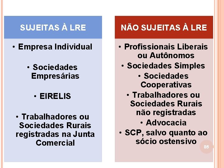 SUJEITAS À LRE NÃO SUJEITAS À LRE • Empresa Individual • Profissionais Liberais ou