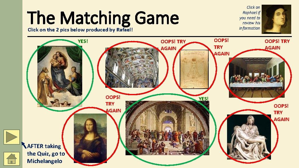 Click on Raphael if you need to review his information The Matching Game Click