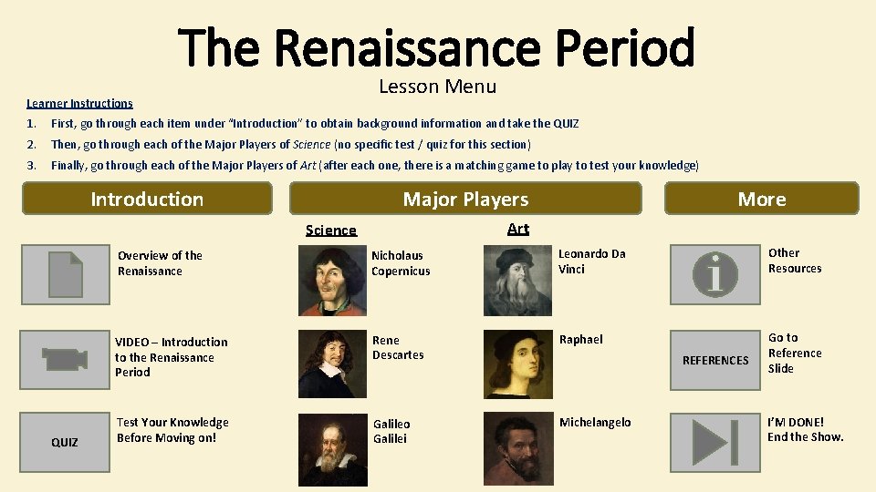 The Renaissance Period Lesson Menu Learner Instructions 1. First, go through each item under
