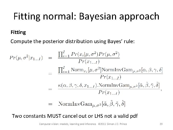 Fitting normal: Bayesian approach Fitting Compute the posterior distribution using Bayes’ rule: Two constants