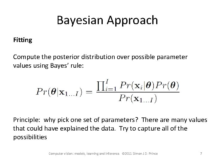 Bayesian Approach Fitting Compute the posterior distribution over possible parameter values using Bayes’ rule: