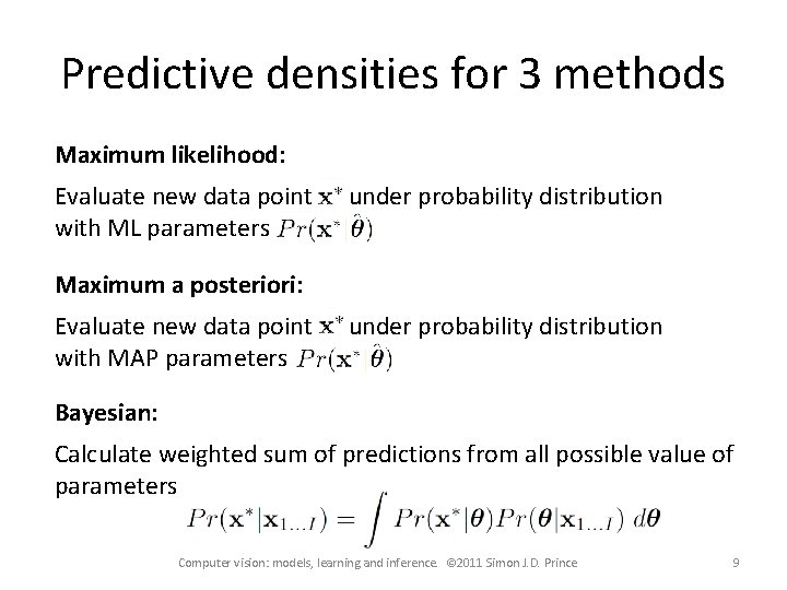 Predictive densities for 3 methods Maximum likelihood: Evaluate new data point with ML parameters