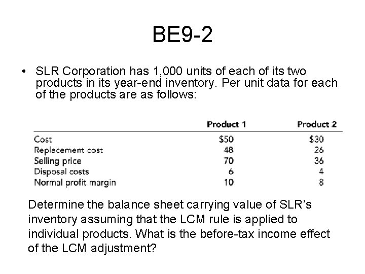 BE 9 -2 • SLR Corporation has 1, 000 units of each of its