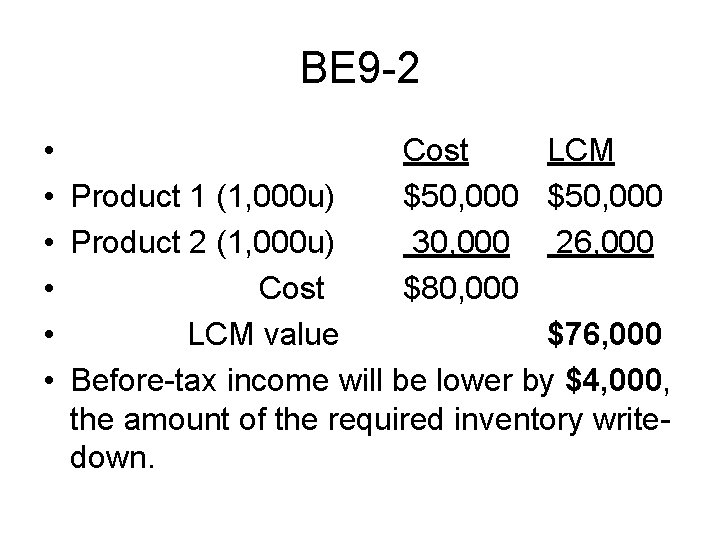 BE 9 -2 • Cost LCM • Product 1 (1, 000 u) $50, 000