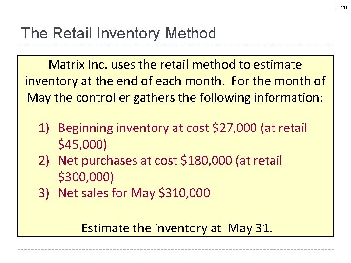 9 -29 The Retail Inventory Method Matrix Inc. uses the retail method to estimate