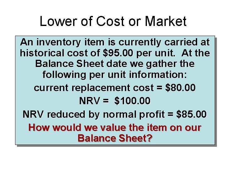 Lower of Cost or Market An inventory item is currently carried at historical cost