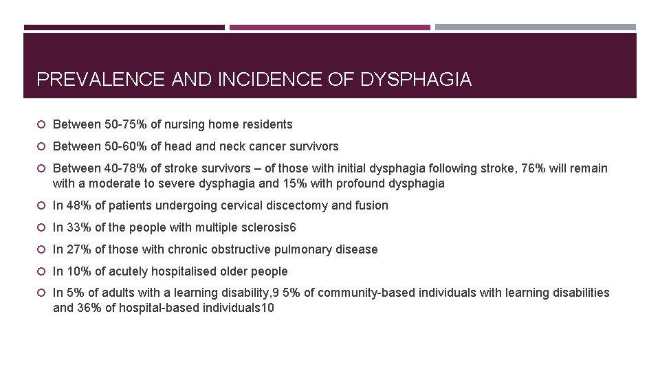 PREVALENCE AND INCIDENCE OF DYSPHAGIA Between 50 -75% of nursing home residents Between 50