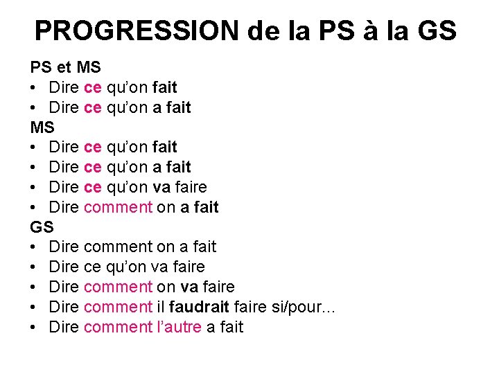 PROGRESSION de la PS à la GS PS et MS • Dire ce qu’on