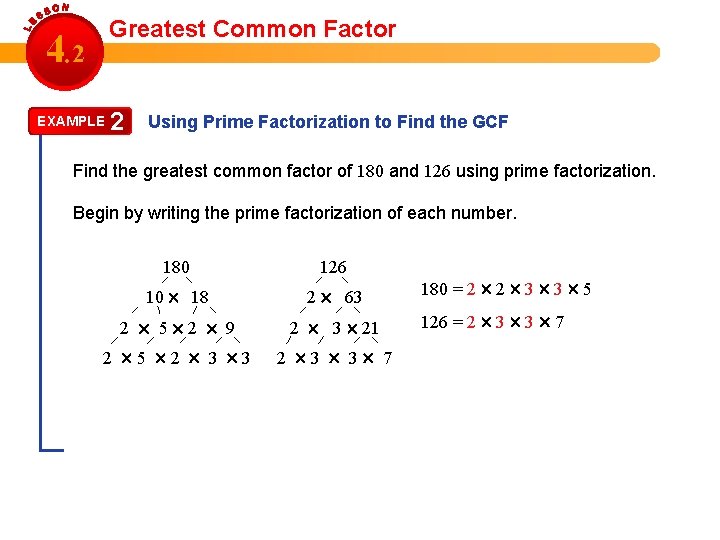 Greatest Common Factor 4. 2 EXAMPLE 2 Using Prime Factorization to Find the GCF