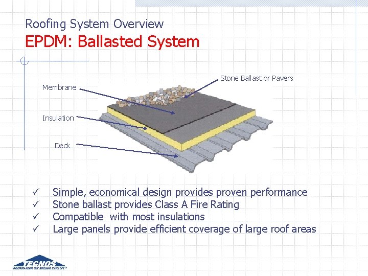 Roofing System Overview EPDM: Ballasted System Stone Ballast or Pavers Membrane Insulation Deck ü Roofing System Overview EPDM: Ballasted System Stone Ballast or Pavers Membrane Insulation Deck ü
